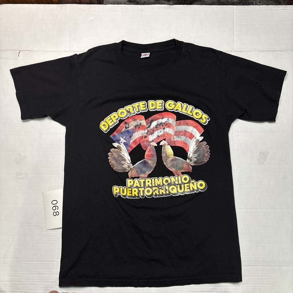 Deporte De Gallos Puerto Rico T Shirt  Medium Black Rooster Graphic Tee PR Flag
